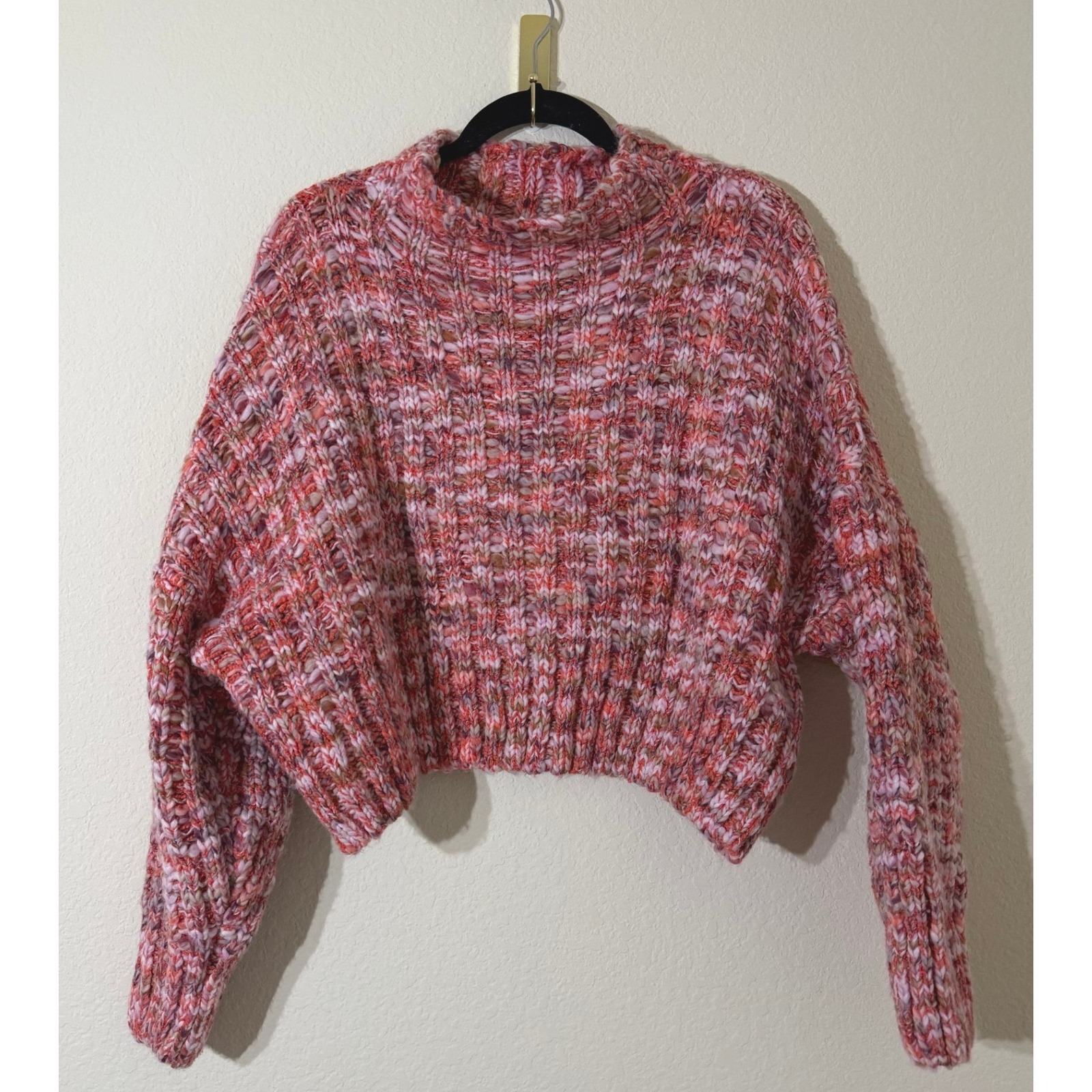 Free People Women's Marled Knit Mock Neck Cropped Sweater Coral Pink S Cottage